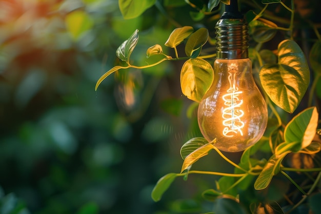 Een close-up van een gloeilamp verlicht door groene energie het warme licht dat duurzame en milieuvriendelijke energieoplossingen symboliseert