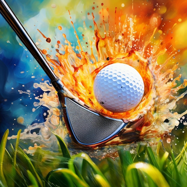een close-up van een golfbal die een golfclub raakt met een brandpad generatieve ai