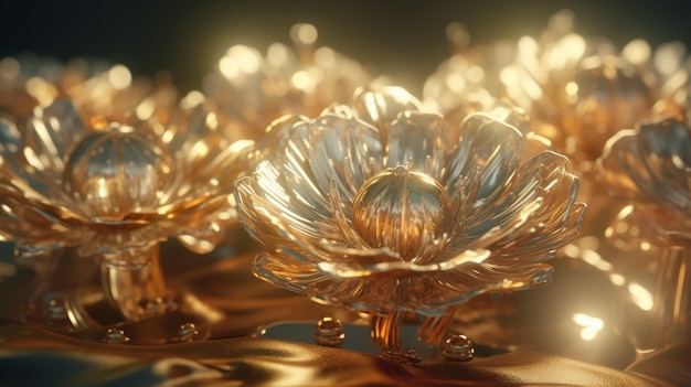 Een close-up van een gouden bloem met een druppel water in het midden.