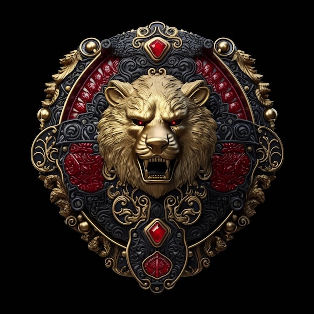 Een close-up van een gouden en rode leeuwenhoofd op een zwarte achtergrond generatieve ai