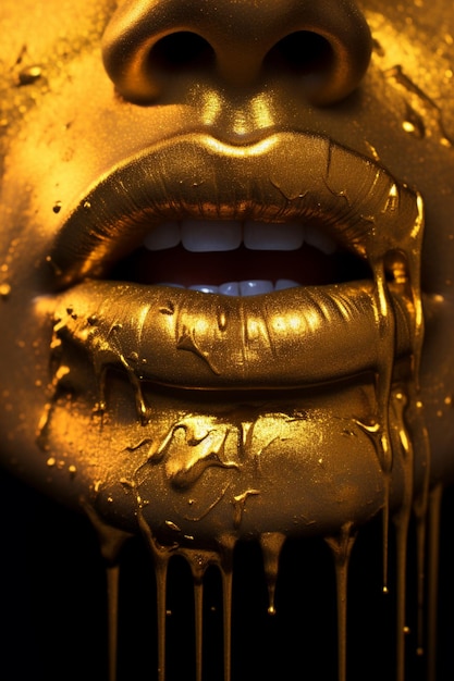 een close-up van een gouden gezicht met druipende gouden verf generatieve ai