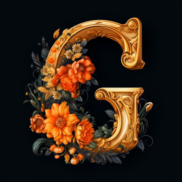 een close-up van een gouden letter met bloemen en bladeren generatieve ai