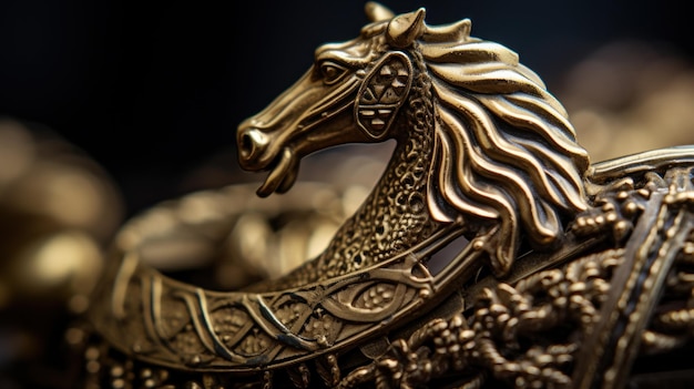 Een close-up van een gouden paardenhoofd op de top ai