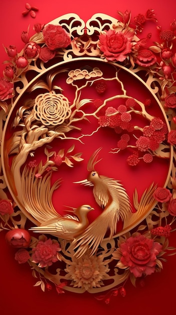 Foto een close-up van een gouden vogel met bloemen op een rode achtergrond generatieve ai