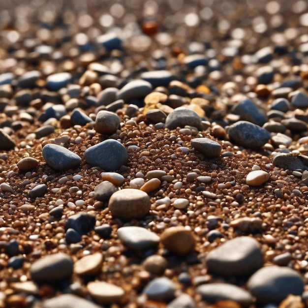 Foto een close-up van een grindstrand met verschillende rotsen en kiezelstenen verspreid over het oppervlak