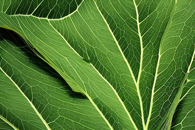 Een close-up van een groen blad met de groene nerven zichtbaar.