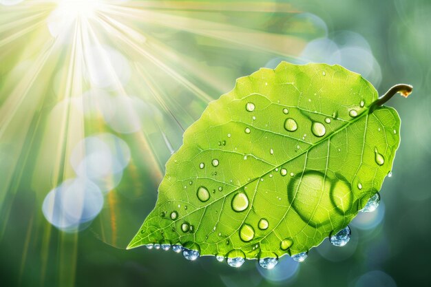 Een close-up van een groen blad met waterdruppels onder zonlicht die de ingewikkelde patronen en het frisse uiterlijk van het gebladerte benadrukken