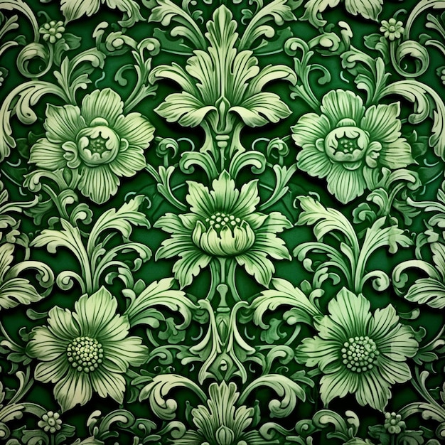 een close-up van een groen en wit behang met bloemen generatieve ai