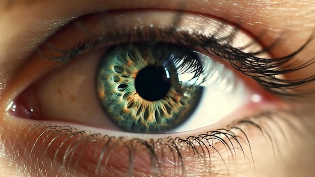 Een close-up van een groen oog met een blauw oog en een wit oog