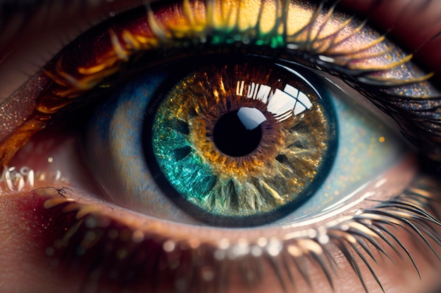 Een close-up van een groen oog met een gele en blauwe iris