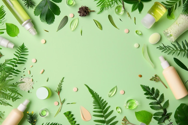 een close-up van een groene achtergrond met verschillende huidverzorgingsproducten generatieve ai