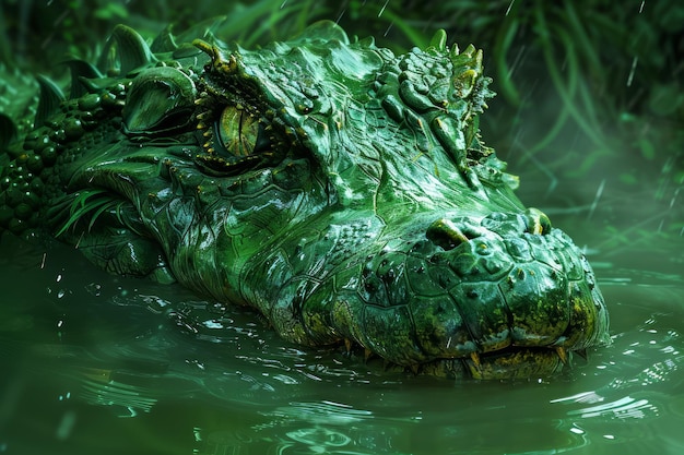 Een close-up van een groene alligator die in troebel water tussen dichte moerasvegetatie op de loer zit