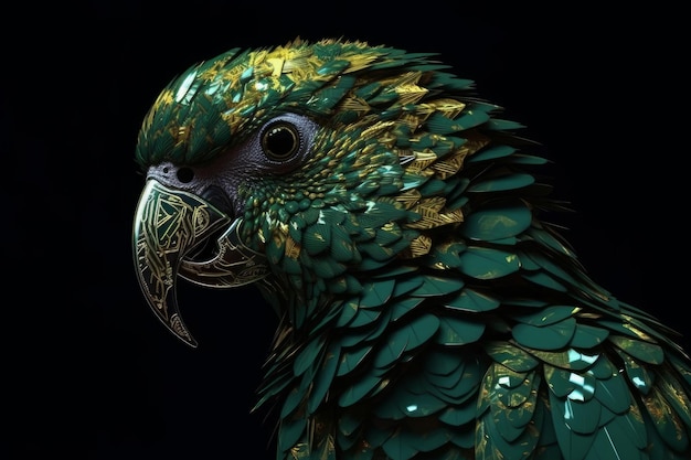 Een close-up van een groene papegaai met gouden en groene veren.