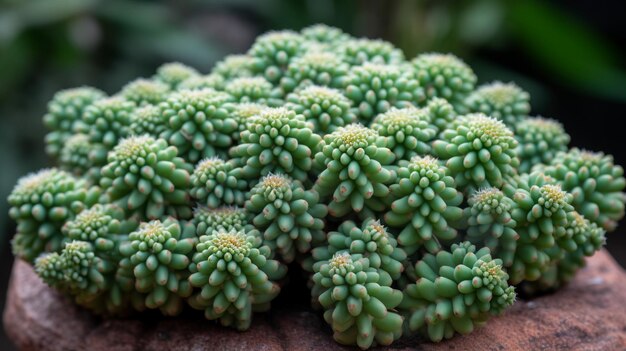 Een close-up van een groene plant met de groene bladeren en het gele hart van de plant.