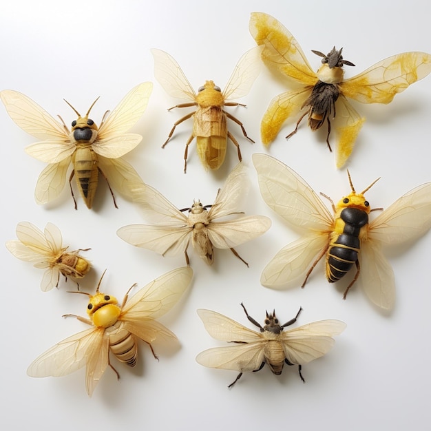 Een close-up van een groep bijen op een wit oppervlak generatief ai