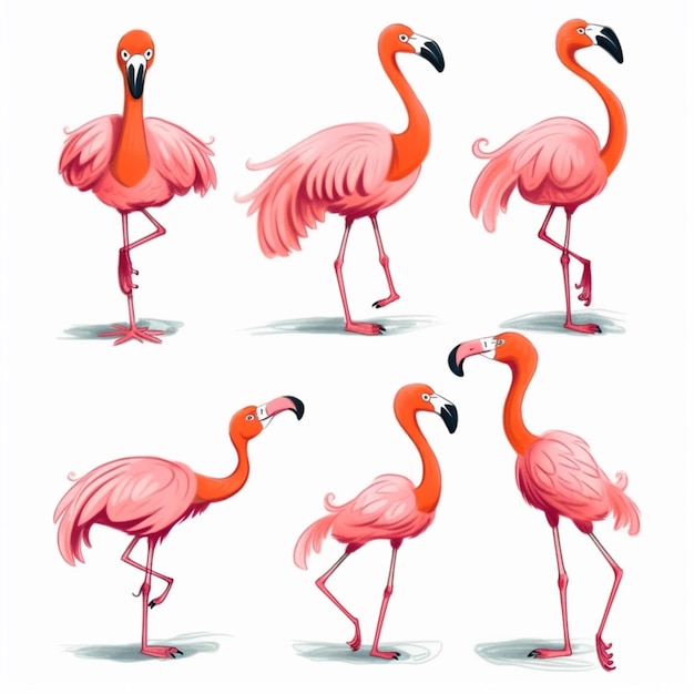 Een close-up van een groep flamingo's die op een wit oppervlak staan