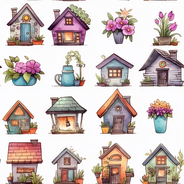 Een close-up van een groep huizen met bloemen en planten generatieve ai