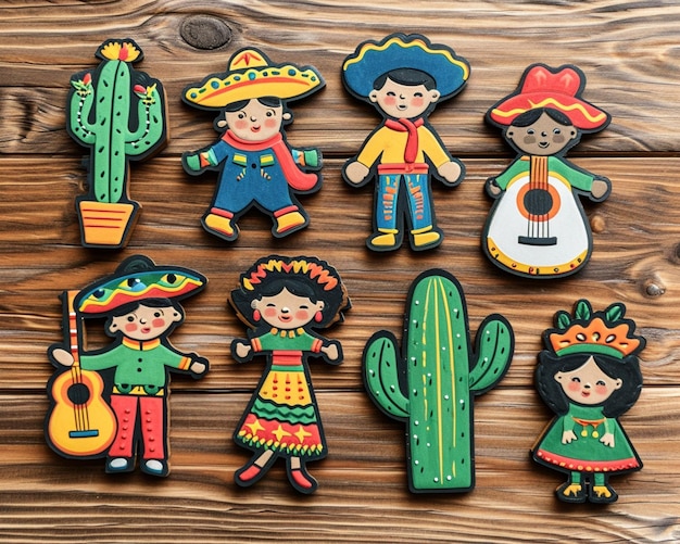 een close-up van een groep koekjes versierd als Mexicaanse mensen generatieve ai