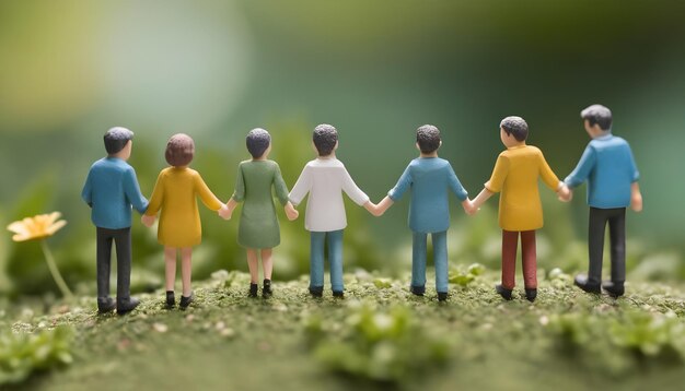 Een close-up van een groep miniatuurmensen die elkaar de hand vasthouden in een tuin
