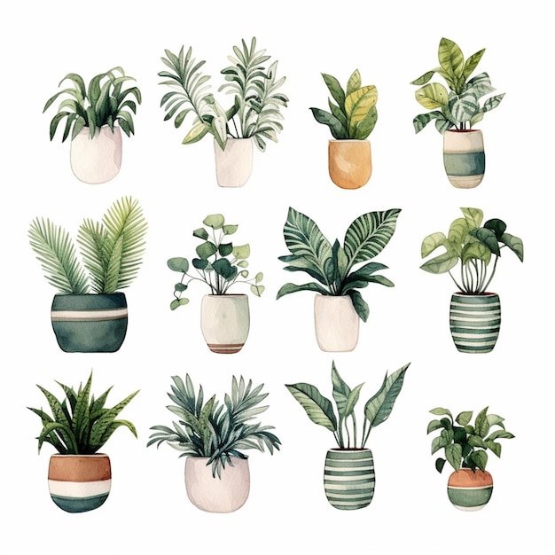 een close-up van een groep planten in potten op een witte achtergrond generatieve ai
