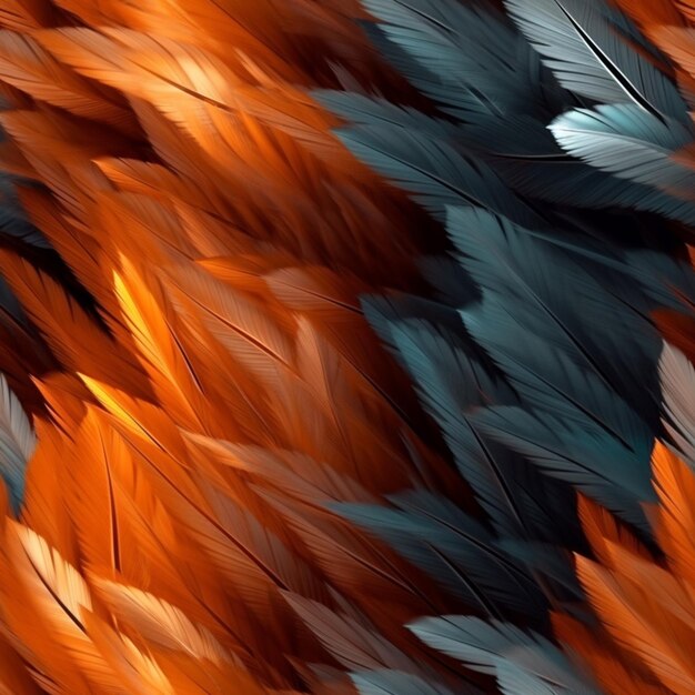 een close-up van een groep veren met oranje en zwarte veren generatieve ai