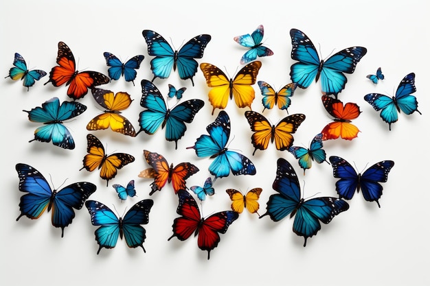 een close-up van een groep vlinders op een wit oppervlak generatieve ai
