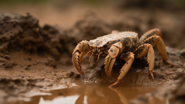 Een close-up van een grote krab op een modderig oppervlak