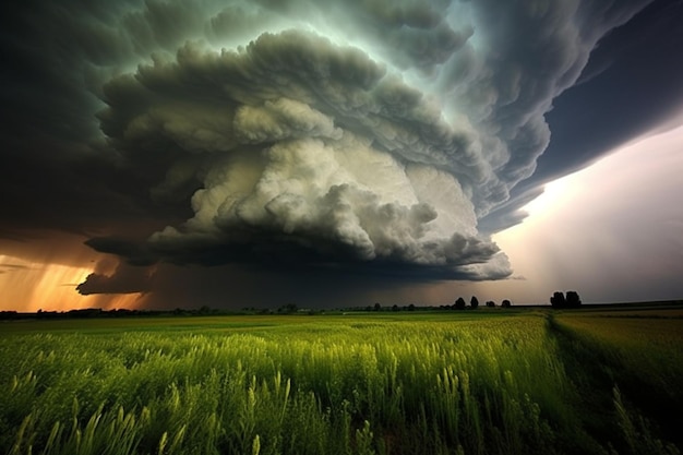 Een close-up van een grote wolk boven een grasveld generatieve ai