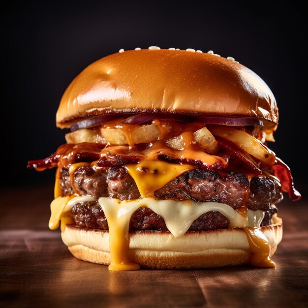 Foto een close-up van een hamburger met kaas en bacon op een houten tafel generatieve ai