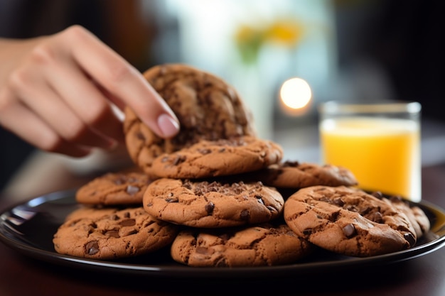 Een close-up van een hand die chocoladekoekjes grijpt terwijl ze sinaasappelsap vasthoudt