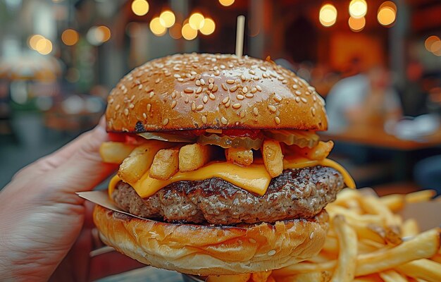 Een close-up van een hand die frietjes en een burger aan een man levert tegen een wazige achtergrond