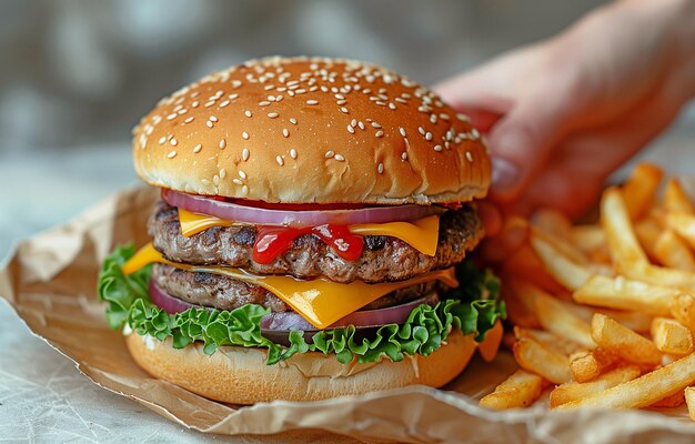 Een close-up van een hand die frietjes en een burger aan een man levert tegen een wazige achtergrond