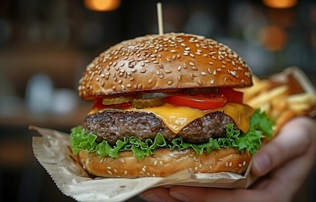 Een close-up van een hand die frietjes en een burger aan een man levert tegen een wazige achtergrond