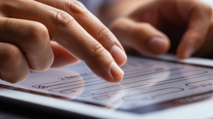 Foto een close-up van een hand die persoonlijke gegevens in een online registratieformulier op een tablet typeert