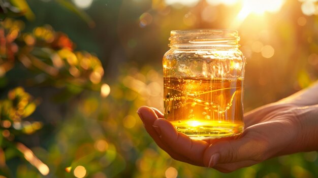 Een close-up van een hand van een persoon die een doorzichtige glazen pot vol met zelfgemaakte biobrandstof vasthoudt met het zonlicht