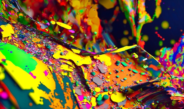 Een close-up van een helder neonkleurig splatterpatroon dat lijkt op een modern kunstschilderij