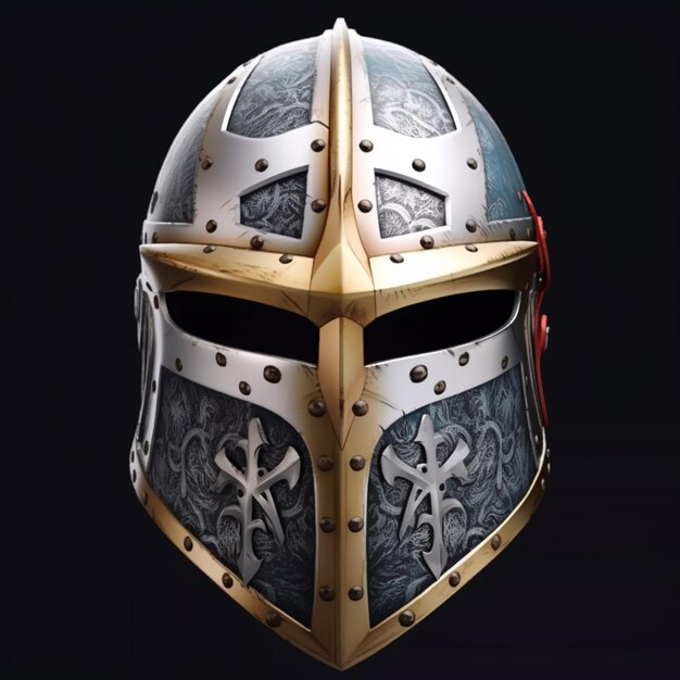 Een close-up van een helm met een metalen ontwerp erop generatieve ai