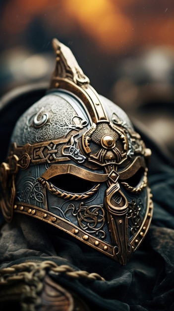 Een close-up van een helm met gouden en zilveren decoraties ai
