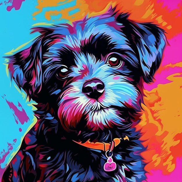 een close-up van een hond met een halsband op een kleurrijke generatieve ai als achtergrond