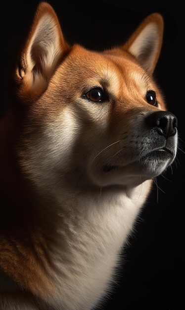 Een close-up van een hond met een zwarte achtergrond Generatieve AI-afbeelding Shiba inu hondenportret