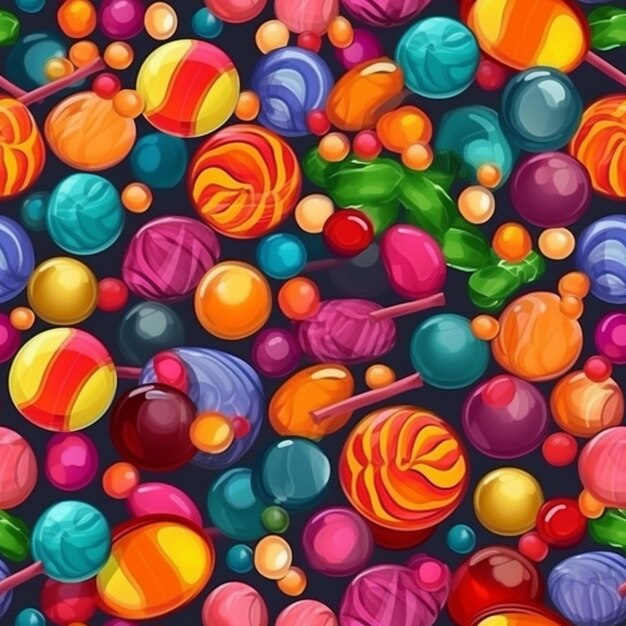 een close-up van een hoop kleurrijke snoepjes op een zwarte achtergrond generatieve ai