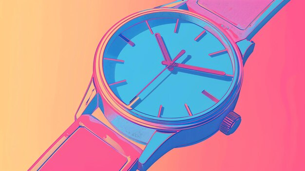 Een close-up van een horloge met een blauwe wijzerplaat en een roze riem Het horloge staat tegen een gradiënt achtergrond in tinten roze oranje en geel