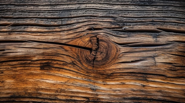 Een close-up van een houten tafel met een knoop in het midden.