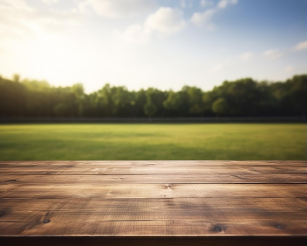 een close-up van een houten tafel met een veld op de achtergrond generatieve ai