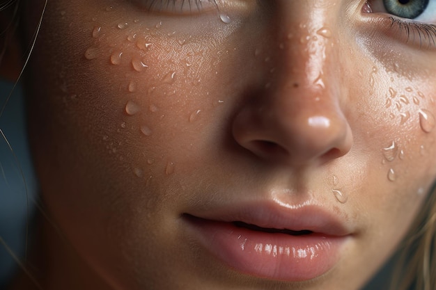 Een close-up van een jong meisje met waterdruppels op haar gezicht