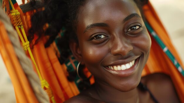 een close-up van een jonge glimlachende Afrikaans-Amerikaanse vrouw ontspannen in een hangmat op het strand