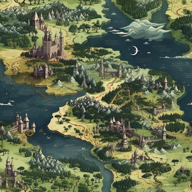 een close-up van een kaart van een fantasiewereld met een kasteel-generatieve ai