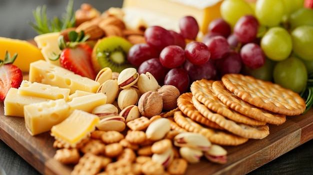 Een close-up van een kaas- en charriebord met een assortiment crackers, fruit en noten