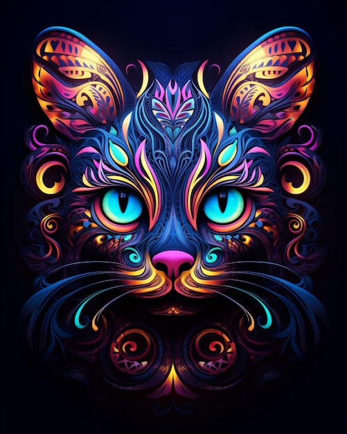een close-up van een katten gezicht met kleurrijke patronen op het generatieve ai