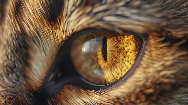 Een close-up van een kattenoog het oog is een diepe gouden kleur en de pupil is een verticale spleet de vacht rond het oog is kort en bruin